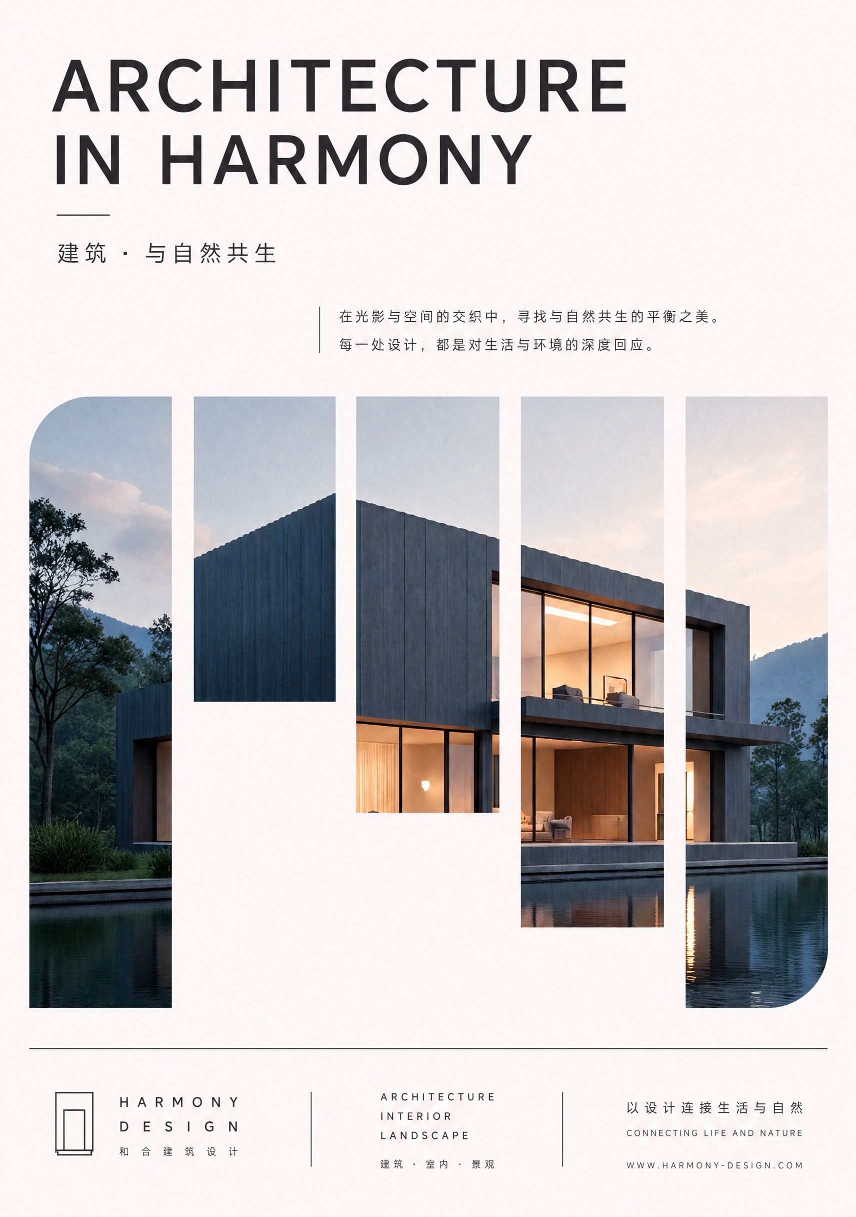 基于参考图的排版布局进行完善设计，保持中间五张错落排列的现代建… - 图片创意预览
