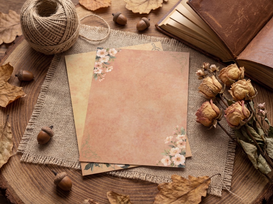 超写实静物摄影，俯视镜头，两张参考图里的A4信纸叠放平铺在亚麻纱布上；画面右侧点缀干枯玫瑰花和复古书本，左上角放置一团天然黄麻绳球，背景散落干枯树叶；整体呈现自然森系、ins风美学，突出纱布的粗糙肌理预览效果