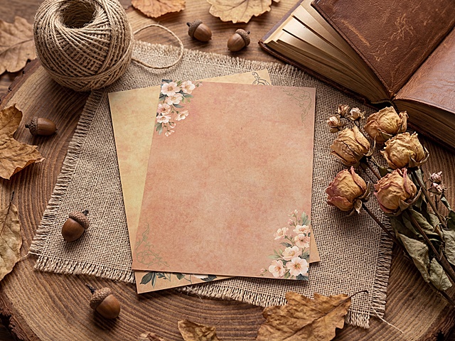 超写实静物摄影，俯视镜头，两张参考图里的A4信纸叠放平铺在亚麻纱布上；画面右侧点缀干枯玫瑰花和复古书本，左上角放置一团天然黄麻绳球，背景散落干枯树叶；整体呈现自然森系、ins风美学，突出纱布的粗糙肌理、木头的年轮纹理与花朵的鲜活质感；高细节、8K分辨率、专业商业静物摄影质感，景深适中，主体清晰锐利，背景柔和虚化，氛围感拉满