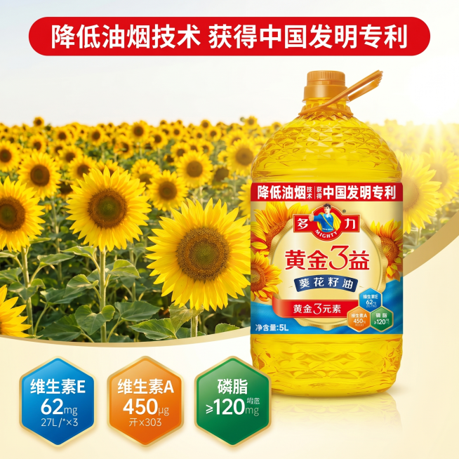 [主图 2] 多力黄金3益葵花籽油核心亮点专利技术展示。[氛围风格] 专业科技健康风格，清晰通透。[画质] 商业摄影质感、光线柔和通透、产品清晰真实、画面干净高级。[元素] 产品油瓶放置在画面中心偏右预览效果