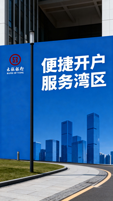 香港东莞银行开户业务宣传海报，金融理财风格，画面包含银行logo区域和醒目标题“便捷开户 服务湾区”，现代简约设计，专业蓝色主色调，搭配白色文字，干净大气，适合线下推广预览效果