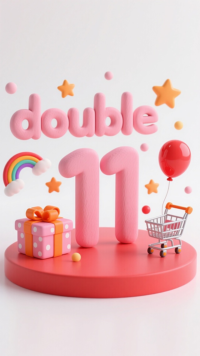 粘土风。白色背景，画面中心是巨大的粉色立体 数字“double11” 文字立在红色圆台上，周围环绕橙色带白点的粉色礼物盒、购物车、红色气球，还有星星、彩虹、小圆点等小装饰，整体布局紧凑