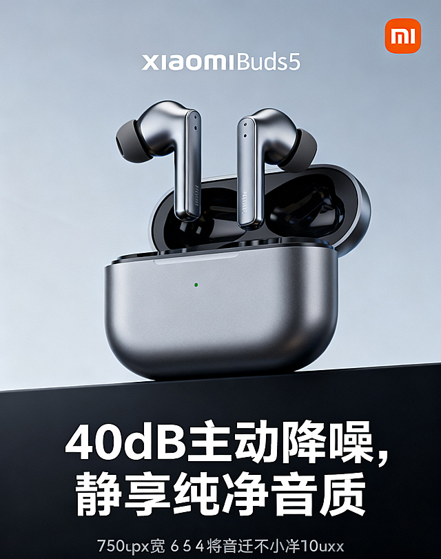 首屏焦点图，XiaomiBuds5蓝牙耳机，产品主视觉，银灰色充电盒搭配耳机，小米品牌色设计背景，配上核心卖点标语“40dB主动降噪，静享纯净音质”，简洁大气科技感风格，符合小米品牌调性，750px宽，高不超过1000px，高清