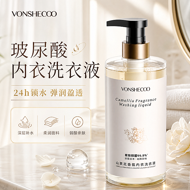 [主图-1] 首图 山茶花香氛内衣洗衣液 洁净高级感场景主图
[统一基调] 整体风格为高级洁净的香氛洗护质感，背景主色为米白+浅香槟金渐变，点缀清透水滴与柔白山茶花花瓣；标题字色为深咖棕，辅助字色为暖灰，强调色为香槟金；字体为优雅衬线体+简洁无衬线体组合，字号层级分明；卡片采用细金边+半透明白底圆角样式，整体通透有呼吸感。
[画面] 产品瓶身完整居中偏右，占画面约55%，保持原图透明瓶身、浅金色液体、黑白金按压泵头、白色标签与山茶花线稿图案完全一致；左侧为柔和的浴室洗漱台场景一角，浅米色大理石台面，旁边散落2-3朵白山茶花花瓣、一颗透明水滴状装饰，背景是朦胧的白色纱帘与柔和自然光；产品底部有自然的接触阴影，瓶身有柔和的环境反光，液体通透有光泽。
[光影质感] 商业摄影质感，主光从左上方45度打下，形成柔和的高光与渐变阴影，瓶身玻璃质感通透，液体呈现温润的浅金色泽，整体明亮通透、高级洁净。
[配色] 米白、浅香槟金、深咖棕、暖灰；山茶花白色点缀；整体暖调洁净。
[文字版式] 左上角放品牌Logo "VONSHECOO" 小号深咖棕；左中部大标题 "玻尿酸内衣洗衣液" 深咖棕大号衬线体；副标题 "24h锁水 弹润盈透" 香槟金色中号；底部三列小图标+短词："深层补水" "柔润面料" "弱酸亲肤"，均为深咖棕小字配细金线图标；文字不遮挡瓶身主体。
[输出要求] 1:1正方形 2048px；文字清晰可读；产品完整清晰不变形；负向：变形 错字 模糊 杂乱 水印 平台Logo 悬浮 穿模 色差