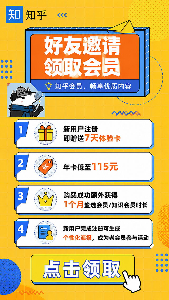 基于原知乎会员邀请海报风格，修改内容：主标题保留好友邀请领取会员，更新卖点为：1.新用户注册即赠送7天体验卡 2.年卡低至115元 3.购买成功额外获得1个月盐选会员/知识会员时长 4.新用户完成注册可生成个性化海报成为老会员参与活动。保留知乎logo，孟菲斯活泼设计风格，黄蓝橙撞色，底部保留点击领取按钮，整体为竖版宣传海报
