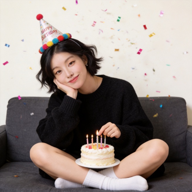 生成居家生日氛围感写真，仅保留参考图1人物脸型、五官、年龄等特征，忽略参考图原有发型配饰，电影质感，高通透氛围感，复古暖调，温暖柔和自然光；清透自然皮肤，真实纹理，自然短发，慵懒翘翘头；盘腿坐沙发，单预览效果