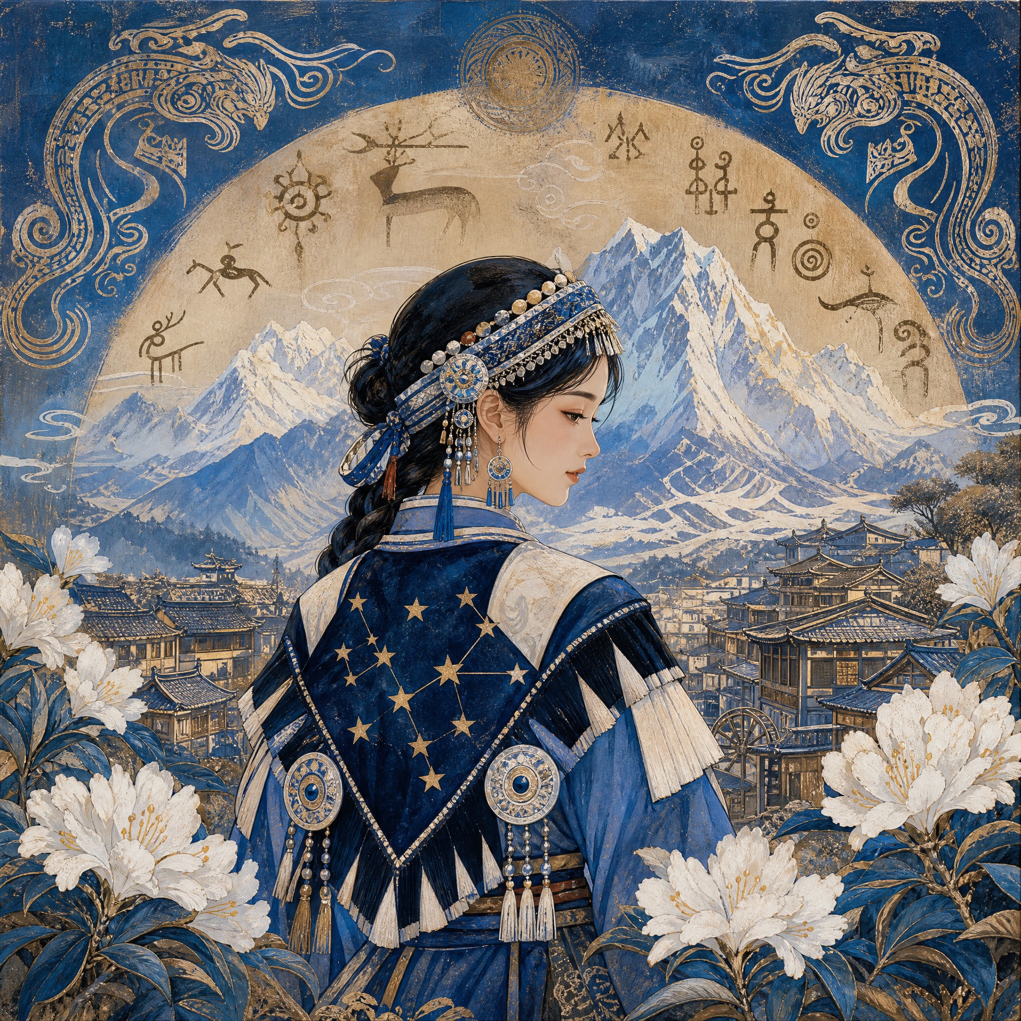 国潮插画，纳西族主题，一位纳西族女子身着七星披肩服饰，身后是古… - 图片创意预览