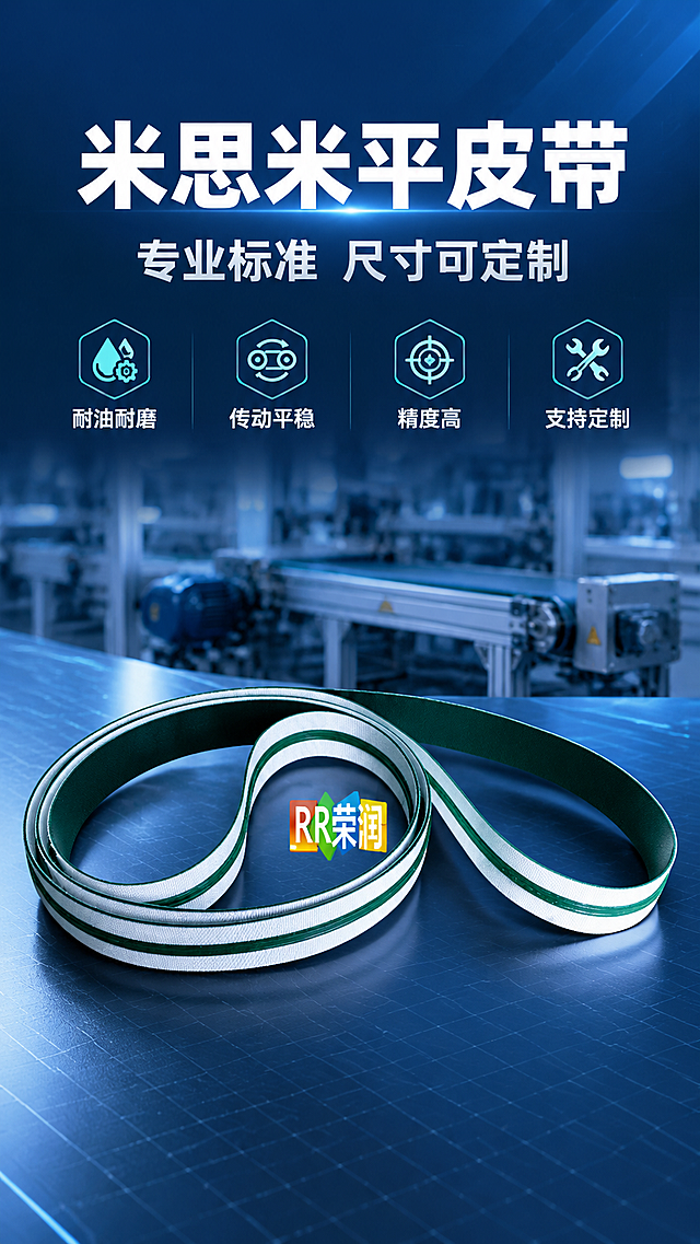 [商品] 使用【图1】米思米平皮带产品图；保留皮带深绿色表面、白色底层、两侧绿色导条的三层结构，保留环形形态与比例，保留皮带表面纹理质感与厚度，保留"RR荣润"标识位置与样式；修复项：去除背景杂色，使皮带边缘清晰锐利，增强表面材质质感。
[画面] 页面目标：专业头图，建立工业级平皮带专业品质第一印象。构图：上下结构，上方30%为标题区，下方70%为产品展示区。主体位置：画面中下部居中，皮带呈自然环形舒展摆放，主体占画面60%。景别：产品全景，略带俯视角度。阅读动线：从上至下，先看标题再看产品。前中后景：前景皮带主体清晰锐利，中景工业设备轮廓剪影，后景深蓝色渐变背景带微弱网格纹理。场景：工业自动化设备背景虚化，突出皮带主体。
[视觉] 套系策略：风格=工业专业风商业摄影；标题字=粗黑体无衬线；正文字=简洁无衬线体；主色=深蓝藏青；背景延展=基于深蓝藏青做深浅渐变、同色层级和细腻金属/网格质感；强调色=科技青，仅用于小面积图标、引线、标签和局部光效；标题色=纯白；正文色=浅灰白；组件=深色底信息卡、细线引线、工业风图标；光影=左前侧冷调硬光，突出皮带材质立体感。
[文字] 上方标题区主标题"米思米平皮带"，副标题"专业标准 尺寸可定制"，下方配4个小卖点图标：耐油耐磨、传动平稳、精度高、支持定制。文字区位于画面上半部分，不遮挡皮带主体，所有文字横向排版，字号保证手机端清晰可读。
[规格] 图片比例9:16竖版，4K，负向提示：避免变形、错字、文字过小、皮带颜色改变、结构失真、卡通风格、暖色调背景、模糊不清。