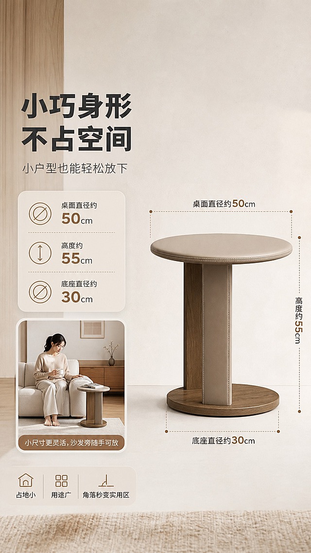 [商品] 使用【图1】圆形马鞍皮实木边几，保留圆形桌面、单柱支撑、圆盘底座结构，材质为木框架+马鞍皮+实木，不改变产品造型。
[画面] 目标：空间尺度页，展示尺寸与小户型适配。左文右图构图，右侧边几侧视角度，叠加虚线尺寸标注（桌面直径、整体高度、底座直径）；左侧文案区+小户型场景小图（边几放在小沙发旁，人物作参照）；产品占画面约50%。
[视觉] 套系策略：风格=现代侘寂极简家居商业摄影；标题字=思源黑体粗体；正文字=思源黑体常规；主色=暖木棕；背景延展=基于暖木棕做深浅层级、奶白渐变和细腻微水泥/原木质感；强调色=焦糖棕，仅用于小面积图标、引线和标签；标题色=深炭灰；正文色=中暖灰；组件=圆角浅底信息卡、细线引线、胶囊卖点框；光影=左前侧暖柔光，柔和阴影。
[文字] 左侧主标题"小巧身形 不占空间"，副标题"小户型也能轻松放下"，尺寸标注"桌面直径约50cm""高度约55cm""底座直径约30cm"，底部补充"占地小 用途广 角落秒变实用区"；文字横排，数字清晰醒目。
[规格] 图片比例9:16竖版，4K，避免变形、错字、文字过小、冷蓝/蓝灰背景、产品颜色改变、结构失真。