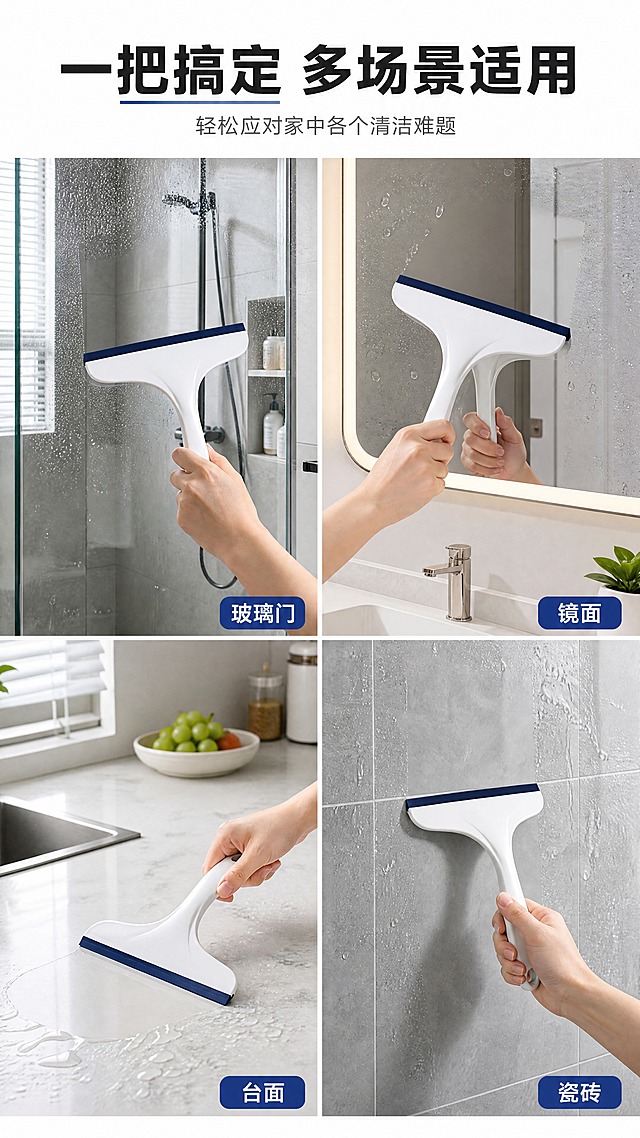 [商品] 使用【图1】手持T型玻璃刮水器；保留白色手柄、深蓝色硅胶刮条、T型结构、悬挂孔；商品处理：每个场景中的产品均保留原貌，尺寸比例一致。
[画面] 页面目标：多场景应用拼图，展示产品广泛适用性。构图：2×2四宫格拼图，每格一个真实场景，各格之间有白色细分割线；顶部约15%为标题区。四格场景：①左上=浴室玻璃门清洁；②右上=卫生间镜面清洁；③左下=厨房台面刮水；④右下=瓷砖墙面清洁。每个场景中都有刮水器正在使用或放置其中。景别为各格中景，阅读动线从上到下、从左到右。
[视觉] 套系策略：风格=简约干净的家居清洁商业摄影风；标题字=粗黑体；正文字=常规无衬线黑体；主色=纯净白+深海蓝；背景延展=四格各场景独立但色调统一明亮，整体白色分割线与顶部标题栏呼应；强调色=深海蓝，用于每格小标签和标题重点字；标题色=深炭灰；正文色=中灰；组件=白色分割线、每格右下角蓝色小标签；光影=各格均为明亮柔光，风格统一。
[文字] 顶部主标题「一把搞定 多场景适用」（8字）；每格右下角小标签：「玻璃门」「镜面」「台面」「瓷砖」；文字均为横排，标签小巧不遮挡主体。
[规格] 图片比例9:16竖版，4K分辨率，负向提示：避免变形、错字、文字过小、产品结构改变、颜色失真、各格风格不统一。