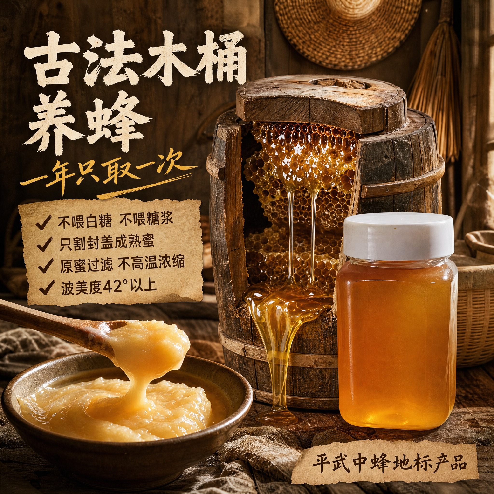 [主图-3] 工艺与品质细节图，主题：古法木桶养蜂 一年一取… - 图片创意预览