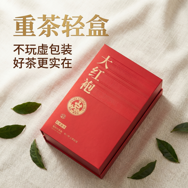 [主图 4] 大红袍产品理念展示主图
[氛围风格] 简约轻奢，质朴高级，自然清新
[画面元素] 商业摄影质感、光线柔和通透、产品清晰真实、画面干净高级。大红袍礼盒斜放在画面中心，周围散落几片原生茶叶，预览效果