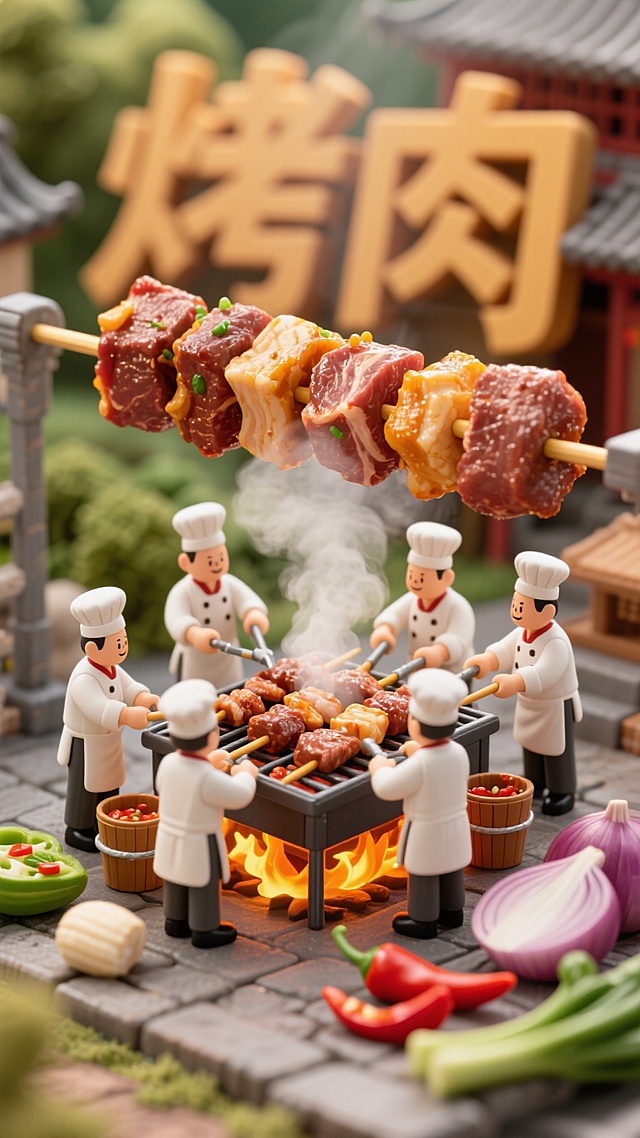 中式感卡通微缩艺术风，生动展现烤肉场景，趣味十足。