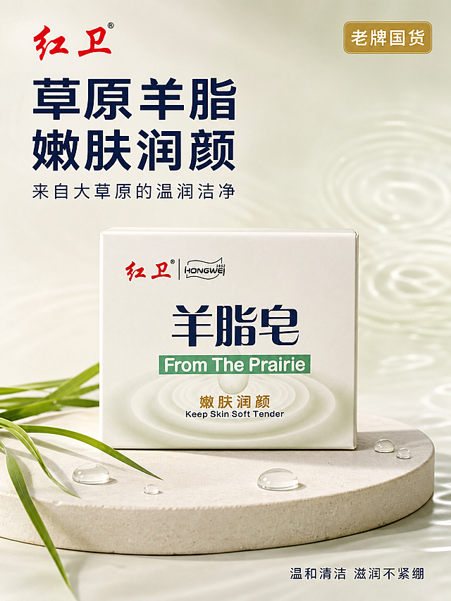 红卫羊脂皂品牌调性首图，极简静物柔光风格。温润洁净国货风，高级静物摄影质感，柔和自然光感，纯净通透。商业摄影质感、光线柔和通透、产品清晰真实、画面干净高级，超写实渲染。红卫羊脂皂产品包装盒居中偏下，正面完整展示，盒体为米白色，正面有红色红卫品牌标识、黑色HONGWEI 1952标识、藏青色羊脂皂大字、绿色横条内白色From The Prairie英文、金色嫩肤润颜及下方英文小字，底部有羊脂水滴落水面形成涟漪的图案。产品放置在浅米色圆形石膏静物台上，周围散落3-4滴晶莹的羊脂状透明水滴，左侧有2-3片新鲜的嫩绿草原草叶作为点缀，背景是柔和的米白到浅绿渐变流体背景，带有淡淡的水波纹光影。左上角放置红色红卫品牌标识。保持产品外观与输入产品图一致，杜绝任何变形和色差，精细化处理。商品主体占比约百分之六十五。画面满屏无边框。左侧45度柔和窗光为主光，右侧柔光箱补光，顶部有微弱轮廓光，整体光线均匀柔和，盒体表面有细腻的漫反射光泽，水滴有晶莹高光，阴影柔和自然，光比舒适，通透不灰蒙。主色米白奶杏色，辅色浅草绿、藏青色，强调色中国红、暖金色。平视微俯视角，产品为视觉中心，前中后景分层，景深中等，背景虚化突出主体，产品轮廓完整不裁切。左上负空间左对齐，品牌标识下方两行主辅文案。大字主文案草原羊脂 嫩肤润颜，藏青色最大号粗体无衬线，辅助短句来自大草原的温润洁净，约半高、同色略浅。右上老牌国货金底白字小圆角标签留内边距。底部右侧小字号温和清洁 滋润不紧绷，藏青色。文字清晰可读，不遮挡产品主体。3比4比例，文字清晰锐利，画面超高清商业摄影质感。