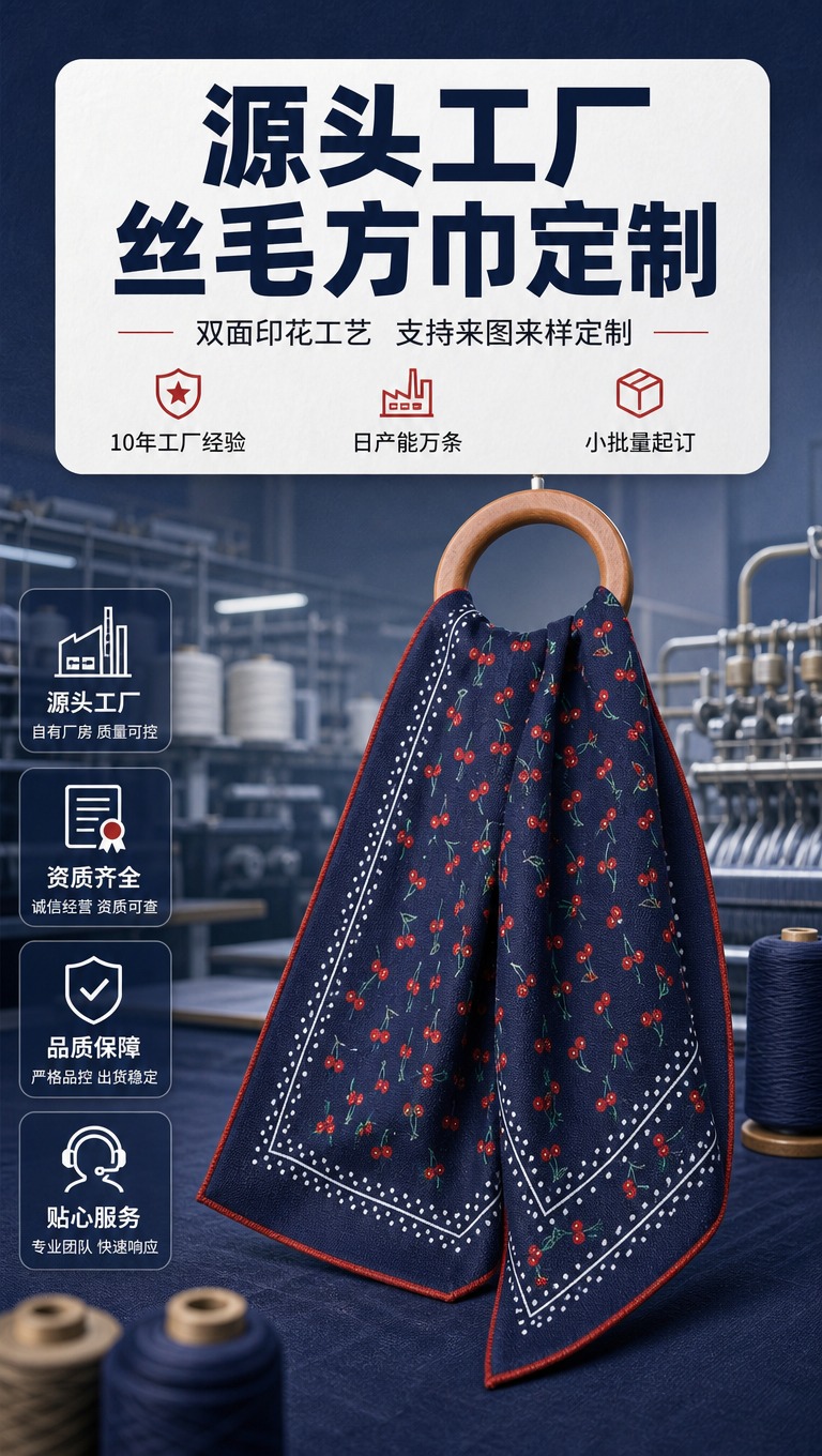 [商品] 使用【图1】藏青底红樱桃印花丝毛方巾；商品处理：保留… - 图片创意预览
