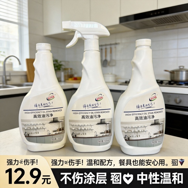 生成10张不同场景的油污净电商主图，价格“12.9元”，比例1:1，强力≠伤手！温和配方，餐具也能安心用。🛡️ 不伤涂层 🛡️ 中性温和预览效果