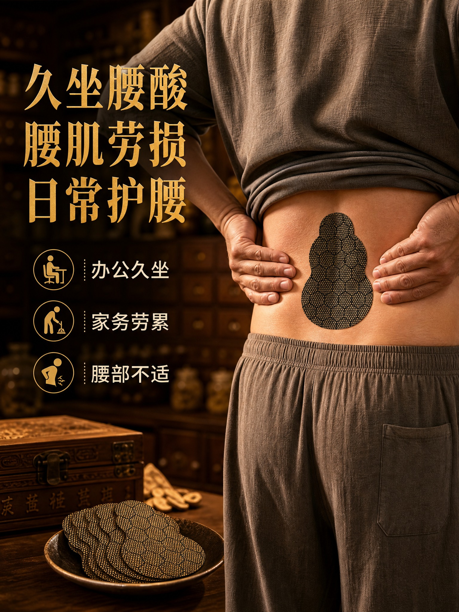 [主图-4 贴剂使用场景] 腰椎贴使用场景图，突出适用人群与使… - 图片创意预览