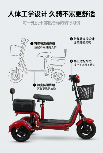 2:3竖版电商详情页人体工学卖点屏，8K超高清，写实商业摄影风格，柔和自然光，杂志级精致排版，整体风格与前屏统一。画面主体为骑行视角的电动三轮车展示，采用侧面平拍视角，搭配人体工学线性示意图，标注出贴预览效果