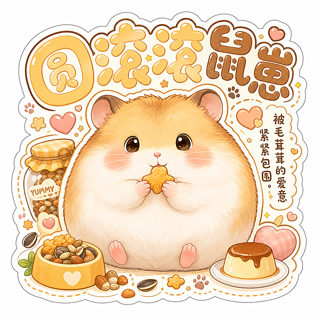 宠物主题异形贴纸，中心是圆滚滚的布丁仓鼠，边缘异形抠图贴合圆形轮廓，圆润大字主标题"圆滚滚鼠崽"，暖色调，侧边小字补充"被毛茸茸的爱意紧紧包围。"，边角点缀鼠粮、小爪印、爱心装饰，软萌可爱风格