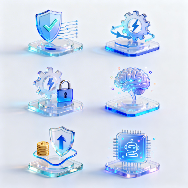 生成一组icon（
数据质量：盾牌 + 校验对勾 + 数据流组合图标
管理效率：齿轮 + 闪电 + 流程箭头组合图标
决策支撑：大脑 / 智慧光点组合图标
合规安全：锁具 + 盾牌组合图标
降本增效：预览效果