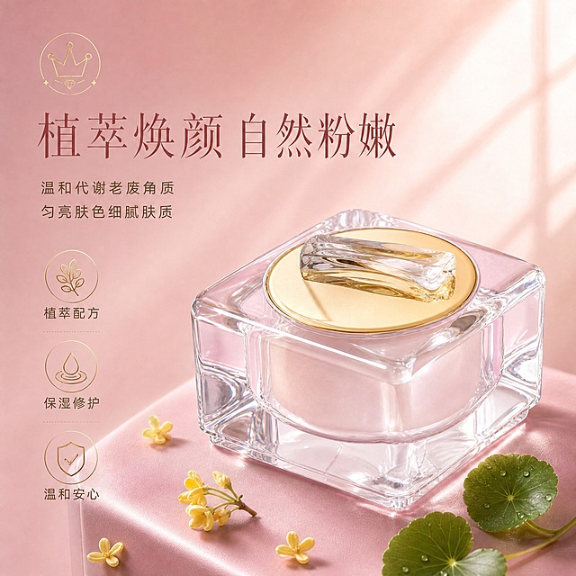 [主图-1] 植萃焕颜嫩肤霜套装首图，品牌调性展示，轻奢高级感。
[统一基调] 整体风格为轻奢高级护肤风，背景主色为柔雾粉渐变，标题字色为深玫瑰金，辅助字色为暖棕色，强调色为香槟金，字体为优雅细衬线体，字号层级分明，卡片和图标采用细金线圆角样式，整体柔光通透质感。
[画面] 产品主体为透明水晶方瓶身配金色盖顶的焕肤霜，放置在画面中央偏右位置，微俯视45度角，产品占画面约65%。瓶身晶莹剔透，内部可见淡粉色膏体，金色盖顶有精致的透明水晶提手造型。产品下方是同色系粉色缎面质感展示台，左侧散落几片新鲜桂花花瓣和一小枝积雪草叶片作为点缀，营造植萃天然氛围。左上角放置精致的金色皇冠小图标作为品牌标识元素。背景为柔雾粉色渐变，右上角有柔和的窗格光影斜射而下，形成丁达尔光效，整体氛围温暖高级。
[光影质感] 商业摄影级柔光质感，主光从右上方45度角照射，瓶身形成清晰的高光反射带，底部有柔和的接触阴影，玻璃材质通透有折射感，金色部分有金属光泽，整体光影柔和不刺眼。
[配色] 主色柔雾粉渐变，点缀香槟金、透明水晶色、植物绿色，整体色调统一和谐，符合高端护肤品牌调性。
[文字版式] 画面左上方主标题大字"植萃焕颜 自然粉嫩"，深玫瑰金色细衬线体，字号最大。主标题下方两行辅助文案"温和代谢老废角质 匀亮肤色细腻肤质"，暖棕色小号字体。左下角放置三个圆形小图标配短文案："植萃配方""保湿修护""温和安心"，图标为金色细线风格。文字均放在产品左侧负空间，不遮挡产品主体。
[输出要求] 比例1:1，文字清晰可读，产品清晰完整不变形，无错字，无杂乱元素，无水印，无平台Logo。禁止出现医疗功效、绝对化用语、特殊功效化妆品相关违规表述。