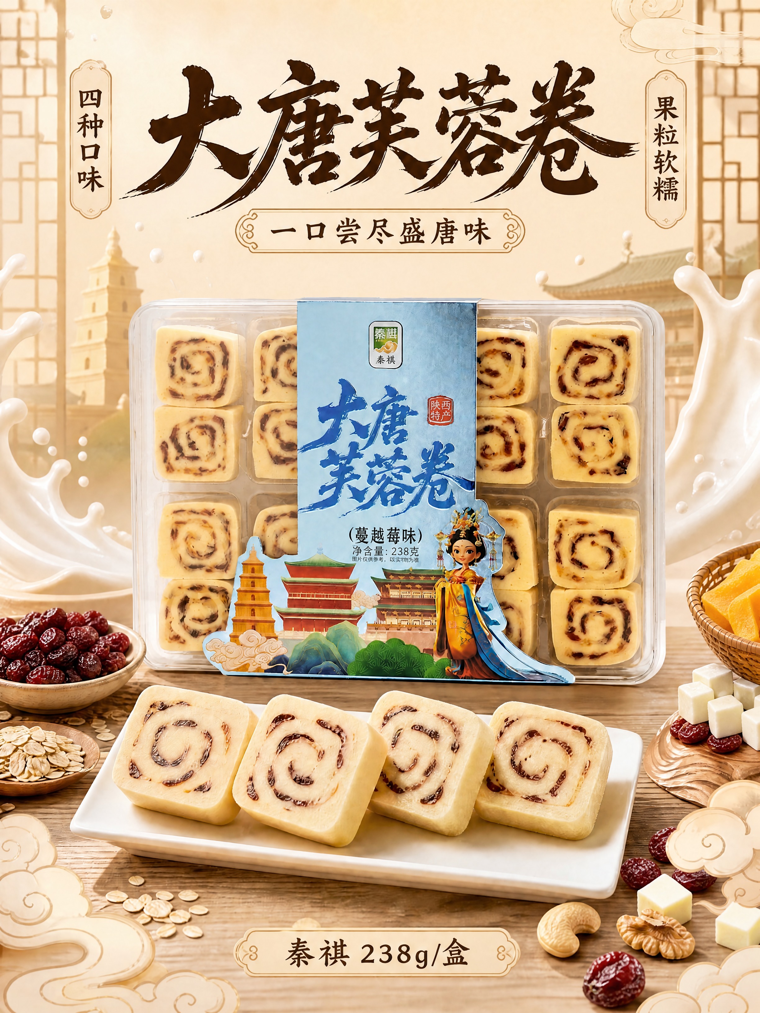 将图片中所有红枣（红枣、枣子、红色枣类果实）元素全部替换为蔓越… - 图片创意预览
