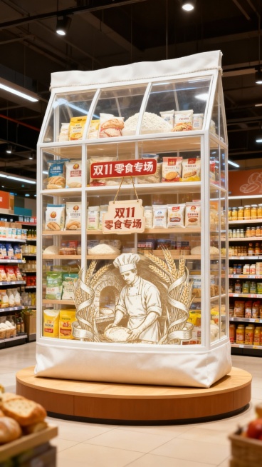 以超市为背景，中央是图中主体巨大化，主体倍放置在展台上，主体瓶身内设计成橱窗形式，无LOGO，瓶身内展示着各类面粉，袋身上挂着牌子“双11 零食专场”。预览效果