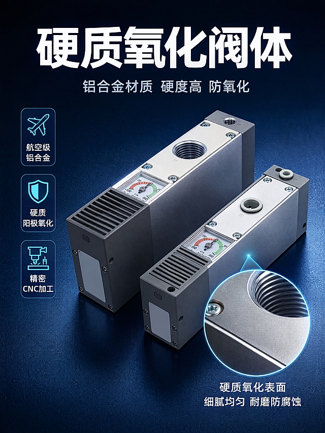 [商品] 使用【图2】【图5】ZL112/212系列多级真空发生器阀体；保留银灰色硬质氧化阀体、铝合金螺纹接口、数显压力表、侧面散热格栅、底部标签；精修金属表面，突出硬质氧化层细腻质感和螺纹锋利边缘。
[画面] 页面目标：材质工艺证明，展示硬质氧化阀体的铝合金材质与精密加工工艺。画面主体为两台阀体特写（一大一小斜向排列），占画面60%，居中偏下。上方为标题区，右下角有一个圆形放大框展示阀体表面硬质氧化层微距纹理和螺纹细节。左侧有3个材质特点标签。背景深蓝渐变，有细微金属颗粒质感。
[视觉] 套系策略：风格=工业科技风商业精修；标题字=无衬线粗体；正文字=简洁无衬线体；主色=深蓝藏青；背景延展=基于深蓝做径向渐变、深浅层级、细微金属颗粒质感；强调色=青蓝色，仅用于放大框、图标、标签和光效；标题色=亮白色；正文色=浅灰蓝色；组件=圆形放大框、竖向标签条、材质图标；光影=侧方冷调硬光，突出金属表面硬质氧化层质感，高光锐利，螺纹边缘清晰。
[文字] 顶部主标题：「硬质氧化阀体」白色粗体大字，副标题：「铝合金材质 硬度高 防氧化」浅灰蓝色小字。左侧竖向3个材质标签：「航空级铝合金」「硬质阳极氧化」「精密CNC加工」，白色文字配青蓝色小图标。右下角放大框下方标注：「硬质氧化表面 细腻均匀 耐磨防腐蚀」白色小字。文字横排。
[规格] 图片比例3:4竖版，4K，避免变形、错字、文字过小、暖色背景、产品颜色改变、结构失真、任何Logo水印、京东Logo、JW品牌Logo。