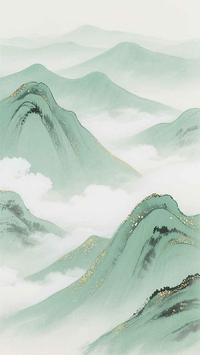 中国水墨画风格，干净雅致的山水背景素材，淡绿色的连绵山峦，山间萦绕着轻盈的白色云雾，山体边缘和坡地点缀着细密的金色闪光点，远山以淡墨和浅绿晕染，呈现出层次感和朦胧美，近景山峰轮廓柔和，笔触流畅自然，整体画面空灵静谧，色调以青绿、淡金和留白为主，营造出清新悠远的意境，适合作为背景使用。