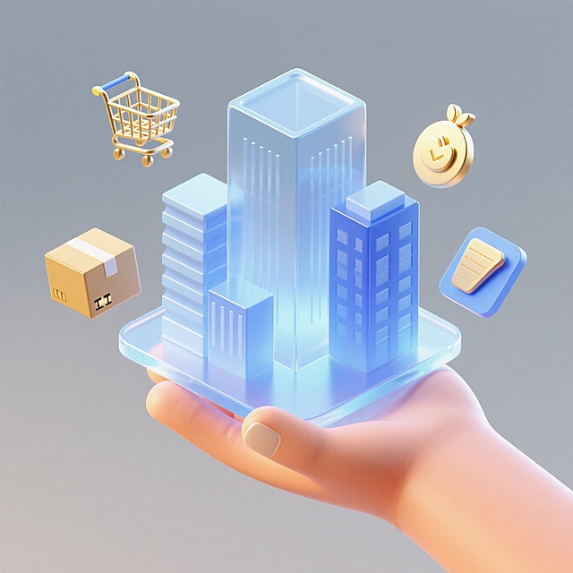 未来感城市模型，软3D风设计，简约玻璃质感，融合购物车、金币等元素，展现科技与商业的结合。