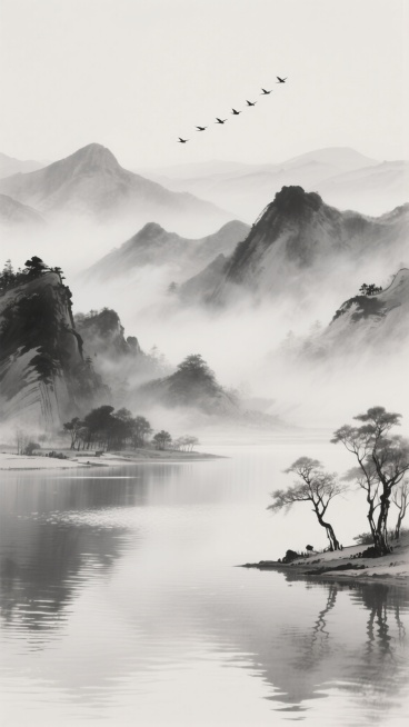 中国传统水墨画风格的山水背景，以黑白灰为色调，运用淡雅的墨色晕染和细腻的笔触描绘。远处是连绵起伏、轮廓朦胧的山峦，山间云雾缭绕，呈现出空灵悠远的意境。近处是平静的湖面，水面波光粼粼，倒映着岸边的景物。湖岸一侧有几棵疏朗的树木，枝干苍劲。天空中有一行飞鸟，呈人字形排列，朝着远方飞去。整体构图采用传统山水画的深远法，层次分明，营造出宁静、清幽、开阔的氛围，具有浓厚的东方艺术韵味。预览效果