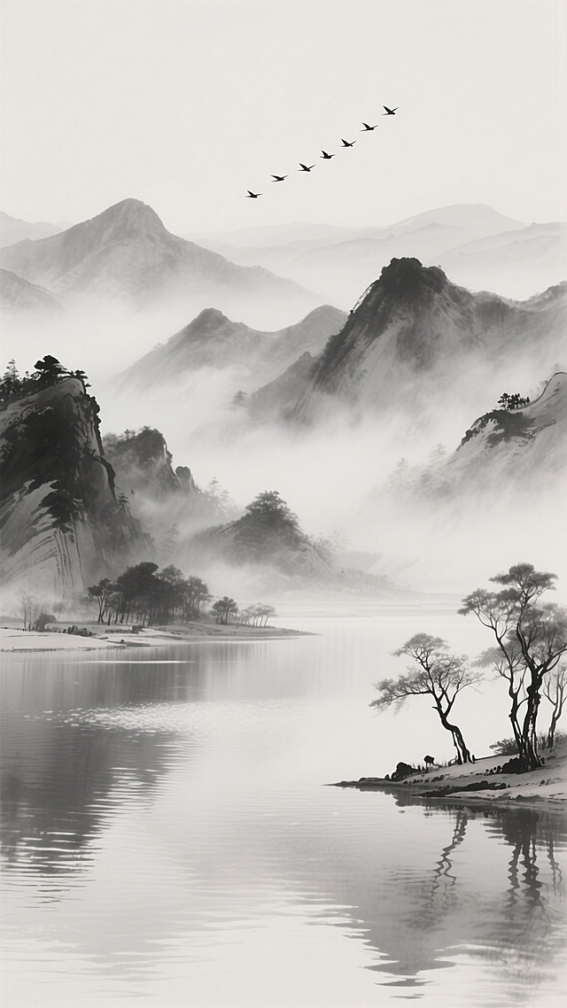 中国传统水墨画风格的山水背景，以黑白灰为色调，运用淡雅的墨色晕染和细腻的笔触描绘。远处是连绵起伏、轮廓朦胧的山峦，山间云雾缭绕，呈现出空灵悠远的意境。近处是平静的湖面，水面波光粼粼，倒映着岸边的景物。湖岸一侧有几棵疏朗的树木，枝干苍劲。天空中有一行飞鸟，呈人字形排列，朝着远方飞去。整体构图采用传统山水画的深远法，层次分明，营造出宁静、清幽、开阔的氛围，具有浓厚的东方艺术韵味。