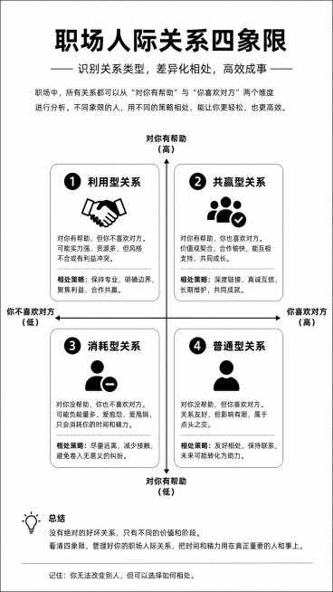 知乎图文格式，一张职场人际关系四象限信息图，清晰的四个象限分区，每个象限配有简洁标题和说明文字，设计风格简洁专业，符合知乎排版，白色背景，黑色文字清晰易读预览效果