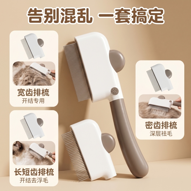 [主图-2] 三合一宠物梳核心功能卖点展示。保持宠物梳外观（物理结构、材质质感、颜色）与输入产品图绝对一致，杜绝任何变形和色差，精细化处理。
[氛围风格] 治愈萌宠互动风，暖调干净简约风
[画质] 商预览效果