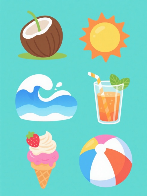 一组6个不同夏日海滩元素的系列插画集合，保持明亮卡通风格，整体画面色彩变换为清新的蓝绿色调，每个元素独立在纯色背景上，元素包括：椰子（带棕色外壳和绿色果蒂的圆形椰子）、海浪（蓝白渐变的波浪形状，带有白色浪花）、冰淇淋（蛋筒装的粉色草莓冰淇淋，顶部有奶油和草莓装饰）、果汁（透明玻璃杯中的橙色果汁，杯口插有薄荷叶和吸管）、太阳（黄色圆形，带有放射状橙色光芒）、沙滩球（彩色条纹相间的圆形充气沙滩球）……预览效果