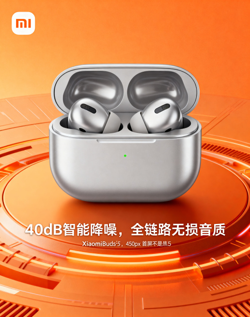 首屏焦点图，XiaomiBuds5蓝牙耳机星光银产品主视觉，背景小米橙色渐变科技感，包含小米logo，配核心卖点标语“40dB智能降噪，全链路无损音质”，简洁大气科技风格，符合小米品牌调性，750px预览效果
