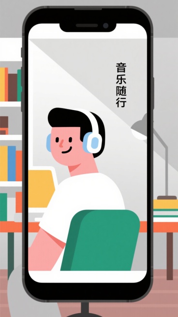 简约生活风格，白色浅灰色调，居中人物佩戴无线耳机，背景简化书房一角，右侧留白配短文案'音乐随行'，适合手机端展示，视觉舒适，现代极简预览效果