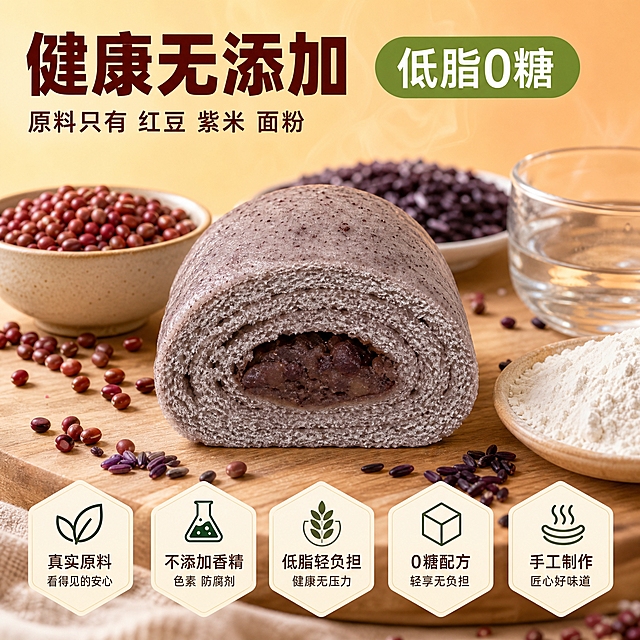 [主图3] 健康无添加与低脂0糖的原料溯源信息图：用真实原料证明成分简单。
[统一基调] 暖色渐变背景：奶油米白到暖橙蜜桃色，柔和光晕；主标题深红棕色粗黑体，草绿色胶囊标签配白字，米白底六边形卖点卡片配深红棕与墨绿色图标；红豆与紫米粒点缀，热气蒸汽氛围，温馨食欲感，商业摄影质感，1:1方图。
[画面] 画面中央一个切开的手工豆沙包展示深色红豆沙馅与紫米面皮螺旋层次，表面紫米颗粒清晰；四周真实摆放原料：一小碗红小豆、一小碟紫米、少量面粉和清水；浅木色台面，原料与产品自然散落不杂乱。产品保持输入图外观：紫灰紫米面皮、深红豆沙馅，禁止换成白面红豆包。
[光影质感] 自然暖阳逆光，红豆紫米颗粒纹理清晰，柔和阴影真实。
[配色] 沿用统一暖色调，原料本色为主。
[文字版式] 左上主标题"健康无添加"深红棕色粗黑体，右侧草绿色胶囊标签"低脂0糖"；主标题下方小号辅助文字"原料只有 红豆 紫米 面粉"；文字横排清晰无逗号，不遮挡产品与原料。
[输出要求] 1:1方图，文字清晰无错字，产品不变形，原料真实自然；负向：变形、错字、模糊、杂乱、水印、平台Logo。