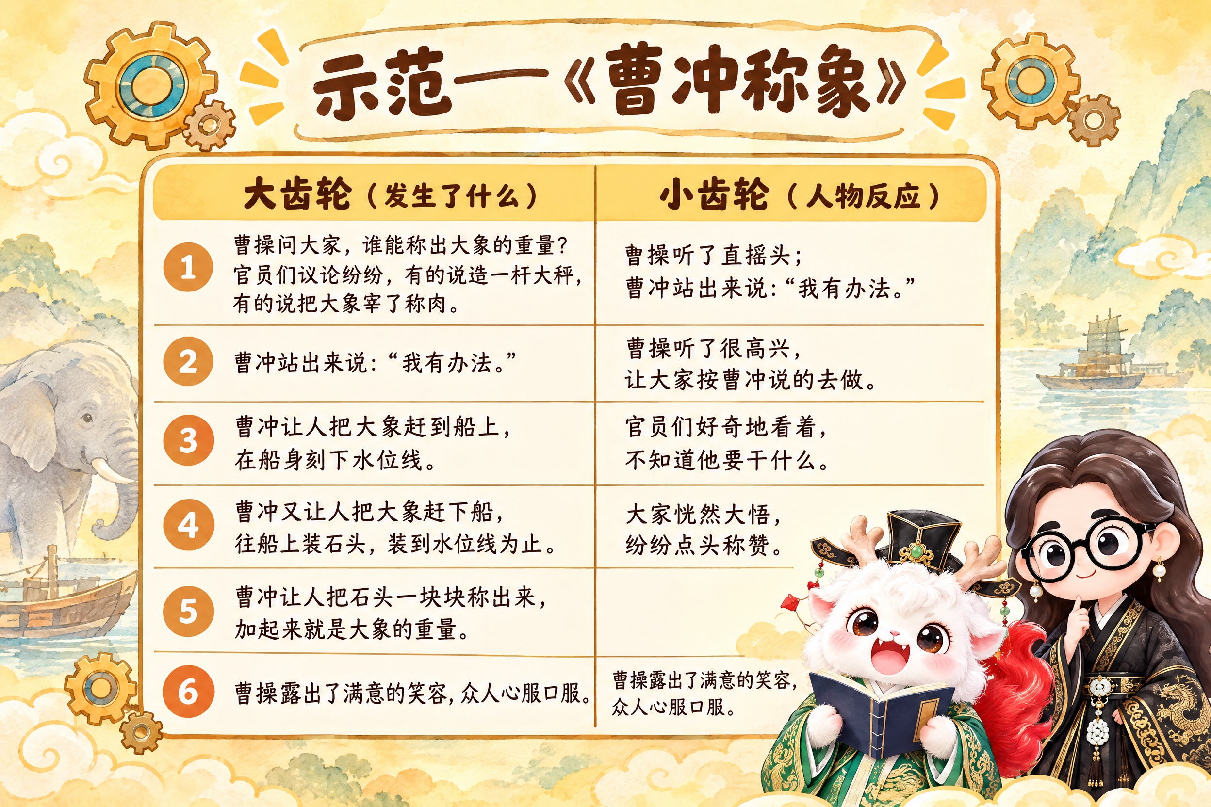横版6寸比例的知识卡片设计，标题为"示范——《曹冲称象》"，画… - 图片创意预览
