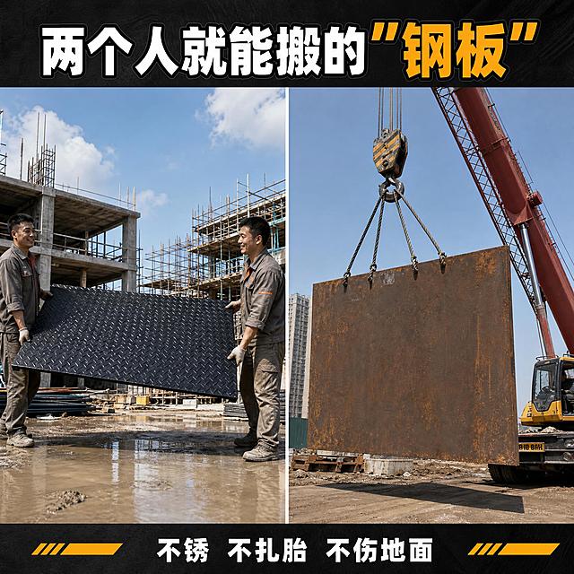 [主图-4] 对比钢板 核心任务：用左右对比画面，左边两人轻松抬铺路板，右边吊车吊钢板，突出铺路板轻便易搬运的优势，纯画面表达不写数字。
[统一基调] 抖音建材工业风，整体画面真实高清、强视觉冲击、工地实拍感；主标题用粗黑大号字体，白色字配深灰或黑色描边，醒目有力；辅助文案用稍小白色字；强调色用橙黄色（工地警示色）；字体为粗黑体，无衬线，硬朗工业感；背景为工地场景；全套图保持同一字体体系和配色逻辑。
[画面] 画面左右分屏对比结构。左侧：两名穿着工地工作服的工人（男性，成年，普通工地工人形象）轻松地用手抬起一块黑色柳叶纹铺路板（外观、纹理、颜色与输入产品图一致），两人表情轻松，铺路板被抬离地面，背景是工地场景，体现轻便。右侧：一台吊车（汽车吊）用钢索吊着一块厚重的锈色钢板，钢板体积大、看起来很重，需要机械吊装，背景同样是工地场景。左右形成鲜明的人力vs机械对比。中间有细微分割线但不突兀。
[光影质感] 工地自然光，左右光线统一，人物动作自然真实，铺路板和钢板都有真实的重量感和材质质感，人物与板材接触自然，无穿模悬浮。
[配色] 主色：黑色铺路板、锈色钢板、工地黄泥灰调；标题字：白色加粗黑边；副文案：白色小字；强调色：橙黄色。
[文字版式] 顶部居中大标题：「两个人就能搬的"钢板"」，白色粗黑体加黑色描边，字号最大，引号用橙黄色强调。底部居中副文案三行：「不锈 不扎胎 不伤地面」，白色稍小字体，每个词用空格分隔。文字放在上下负空间，不遮挡左右对比主体。
[输出要求] 1:1正方形，画面真实自然，对比强烈，人物动作正常；负向：人物畸形、手指异常、面部扭曲、穿模悬浮、错字、模糊、水印、平台Logo、出现具体重量数字。