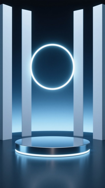 极简风格展台，整体呈现简洁、现代的设计感，圆形展台位于画面下方中央，表面光滑且具有细腻的反光质感，展台边缘线条流畅。背景保留垂直的白色柱体和发光圆环元素，发光圆环悬浮在展台后方中央位置，散发着柔和的光线，光线在背景上形成自然的渐变效果。场景变换为深蓝色渐变背景，营造出沉稳而神秘的氛围，光线颜色调整为淡蓝色，与背景色相呼应，整个画面保持清晰的视觉层级和高效的信息传达，突出展台的主体地位，符合现代……预览效果