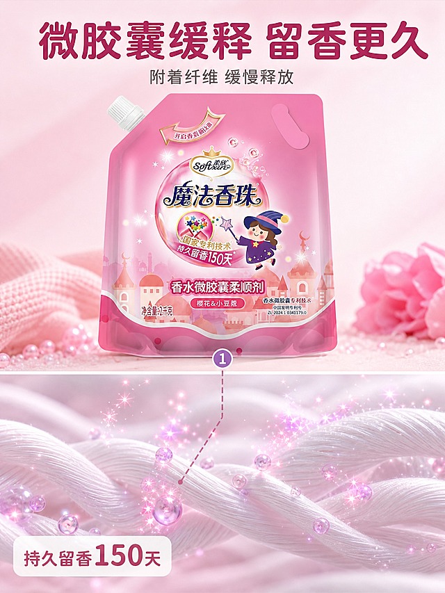 [主图-2] 柔欣 Softsun 魔法香珠 香水微胶囊柔顺剂 核心卖点图，唯ㄧ任务：用微距证据说明微胶囊附着纤维并缓慢释放香气。
[统一基调] 梦幻甜香的国内日化商业摄影风；主色粉红 #F0809F，背景为浅粉白 #FDF1F5 到白色 #FFFFFF 的同色渐变，标题色深玫红 #7A2E4A，正文色中暖灰 #7A6B72，强调色星紫 #8E6FD0 仅用于小面积图标与编号；标题用现代圆角粗黑体，正文用常规黑体；组件为圆角奶白信息卡与圆形编号胶囊；光影为左前侧柔光。
[画面] 使用【图1】的柔欣魔法香珠；竖版上下分栏：上半部为产品主体，产品正立微侧、占画面高约 45%，完整入镜；下半部为微距证据区，柔白织物纤维特写，纤维上附着细腻微胶囊小颗粒并向外扩散柔和星点光粒，体现缓慢释放的机理；产品与纤维微距之间用一条细线引线连接，线端配一个圆形编号胶囊；产品外观、结构、颜色与输入图一致。
[光影质感] 左前侧柔光为主光，产品高光圆润、纤维微距浅景深、颗粒带柔和反光；两处主体均有真实接触阴影，不得悬浮。
[配色] 仅使用套系配色，纤维为柔白偏粉，颗粒带星紫微光，不引入其他主色。
[文字版式] 顶部横向大号主标题「微胶囊缓释 留香更久」；其下一行小号副文案「附着纤维 缓慢释放」；引线处圆形编号胶囊内写「1」；微距区左下角一个圆角奶白小卡写「持久留香150天」；全部文字横排、字体规整统一、主标题最大最粗，不遮挡产品袋身标签。
[输出要求] 图片比例 3:4 竖版，产品清晰、文字清晰；负向写变形、错字、模糊、杂乱、水印、平台Logo、虚构认证、改写净含量。