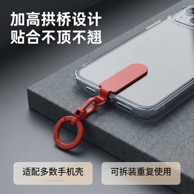 [主图 4] 手机挂绳夹片安装使用场景展示图，升级质感更高级。[氛围/风格] 真实场景自然氛围感，简约生活化更有感染力。[画面元素] 展示红色挂绳夹片正确安装在手机壳与手机之间，手机斜靠在深灰色质感台预览效果
