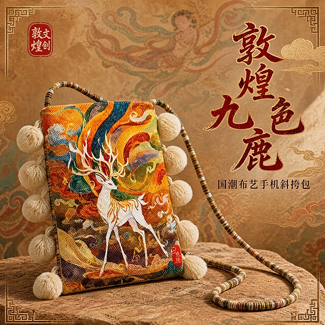 [主图-1] 敦煌元素手机包主视觉单品展示，突出九色鹿款包包的精美印花与国潮质感。
[统一基调] 国潮敦煌风，高级质感，文化氛围感；背景为敦煌土黄赭石渐变加沙漠岩彩肌理；标题字色朱砂红烫金描边；辅助字色深赭石；强调色石青石绿；国风书法体标题加宋体辅助文；敦煌回纹边框祥云纹样装饰。
[画面] 画面中央为敦煌九色鹿图案手机包，正面45度角展示，包包主体占画面60%。包包为布艺材质，正面印有敦煌九色鹿壁画图案，橙黄渐变底色上白色神鹿昂首挺立，鹿角如枝，周围环绕祥云火焰纹。包包两侧垂挂米白色毛绒球流苏，顶部有彩色编织斜挎肩带自然垂下。包包放置在敦煌沙漠岩彩质感的台面上，背景为朦胧的敦煌石窟壁画肌理，远处有飞天飘带的虚影。左上角有朱砂红印章式品牌小标。画面右上方用国风书法体写大字标题"敦煌九色鹿"，下方小字"国潮布艺手机斜挎包"。
[光影质感] 柔和侧上方主光，包包表面布艺纹理清晰，毛绒球有柔软蓬松质感，底部有自然接触阴影，整体呈现高级商业摄影质感，敦煌壁画的色彩饱和度高，文化气息浓厚。
[配色] 敦煌土黄、赭石、朱砂红、石青、石绿为主色调，九色鹿的橙黄渐变与白色形成视觉焦点。
[文字版式] 右上角竖排或横排国风书法标题"敦煌九色鹿"，朱砂红烫金效果；下方小字"国潮布艺手机斜挎包"深赭石色宋体；文字不遮挡包包主体。
[输出要求] 1:1正方形，2K分辨率，文字清晰，产品清晰，色彩还原敦煌壁画质感。负向：变形、错字、模糊、杂乱、水印、平台Logo、包包图案错乱、毛球变形。