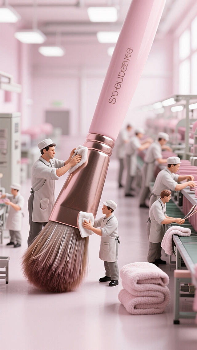 美妆微缩工厂
整体粉白色调。车间里，一群流水线员工在制作一支巨大的美妆刷，有的在修剪刷毛，有的在擦拭，有的在梳刷毛，有的在洗毛巾；环境明亮干简洁。