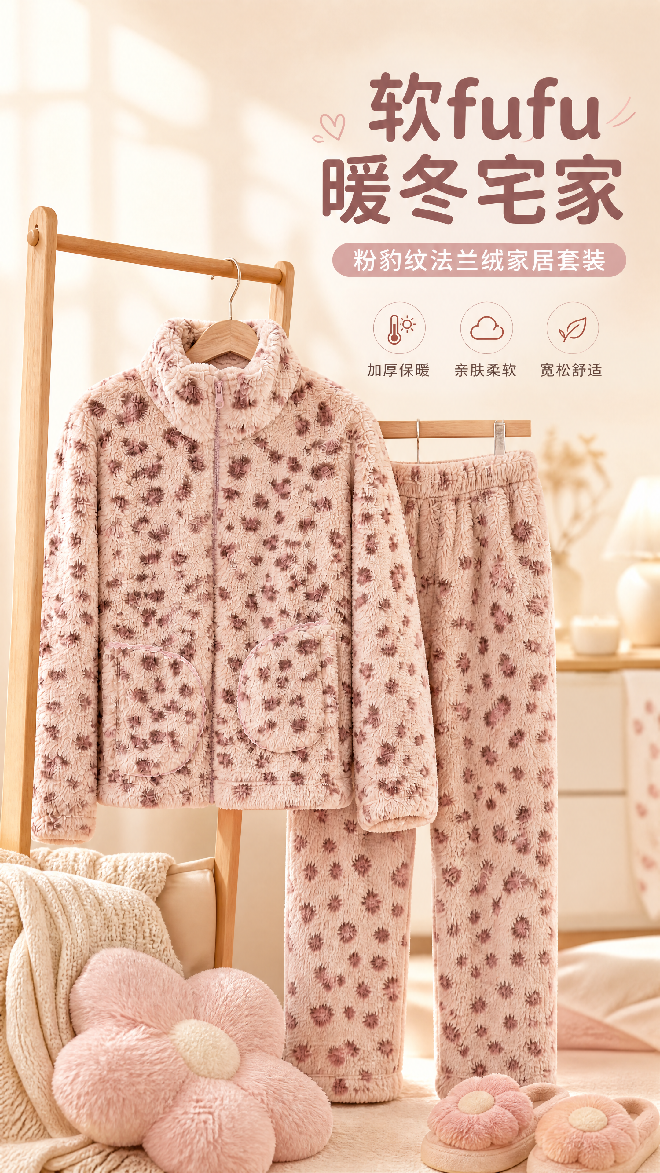 [商品] 使用【图1】粉色豹纹法兰绒家居服套装（立领拉链上衣+… - 图片创意预览
