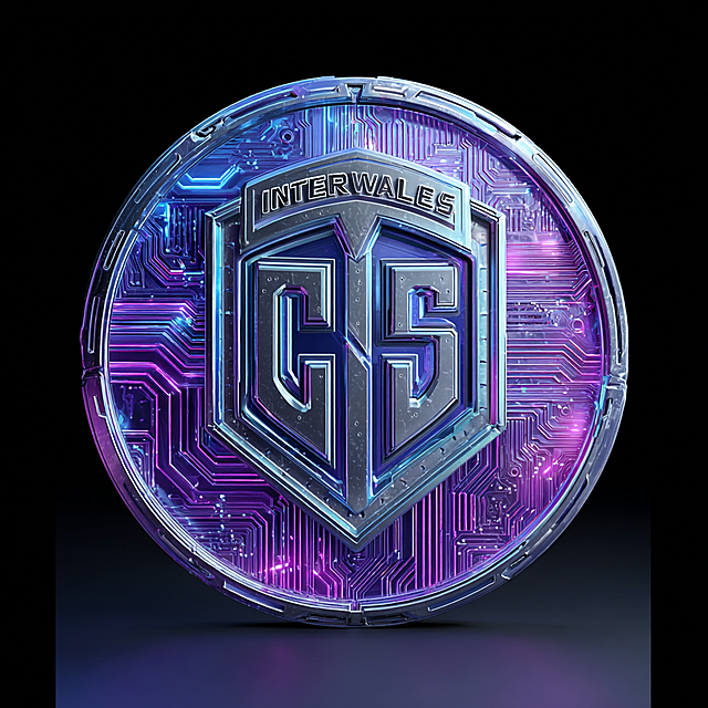 Interstellar Wars team circular badge, in the style of the reference image, strong metallic texture, 3D three-dimensional, circuit board glowing purple and blue, the center of the badge has bold text "CS", front view, white background, science fiction technology sense, high detail --style raw