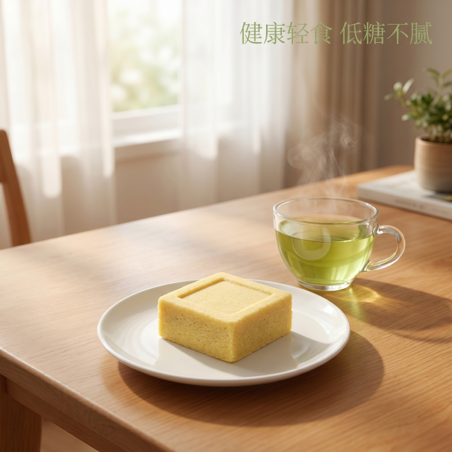 [主图 4] 食用场景体验，展示生活代入感。[氛围风格] 温馨下午茶场景，自然生活方式。[画质] 商业摄影质感、光线柔和通透、产品清晰真实、画面干净高级。[元素] 保持绿豆糕产品外观颜色质地与输入产品预览效果