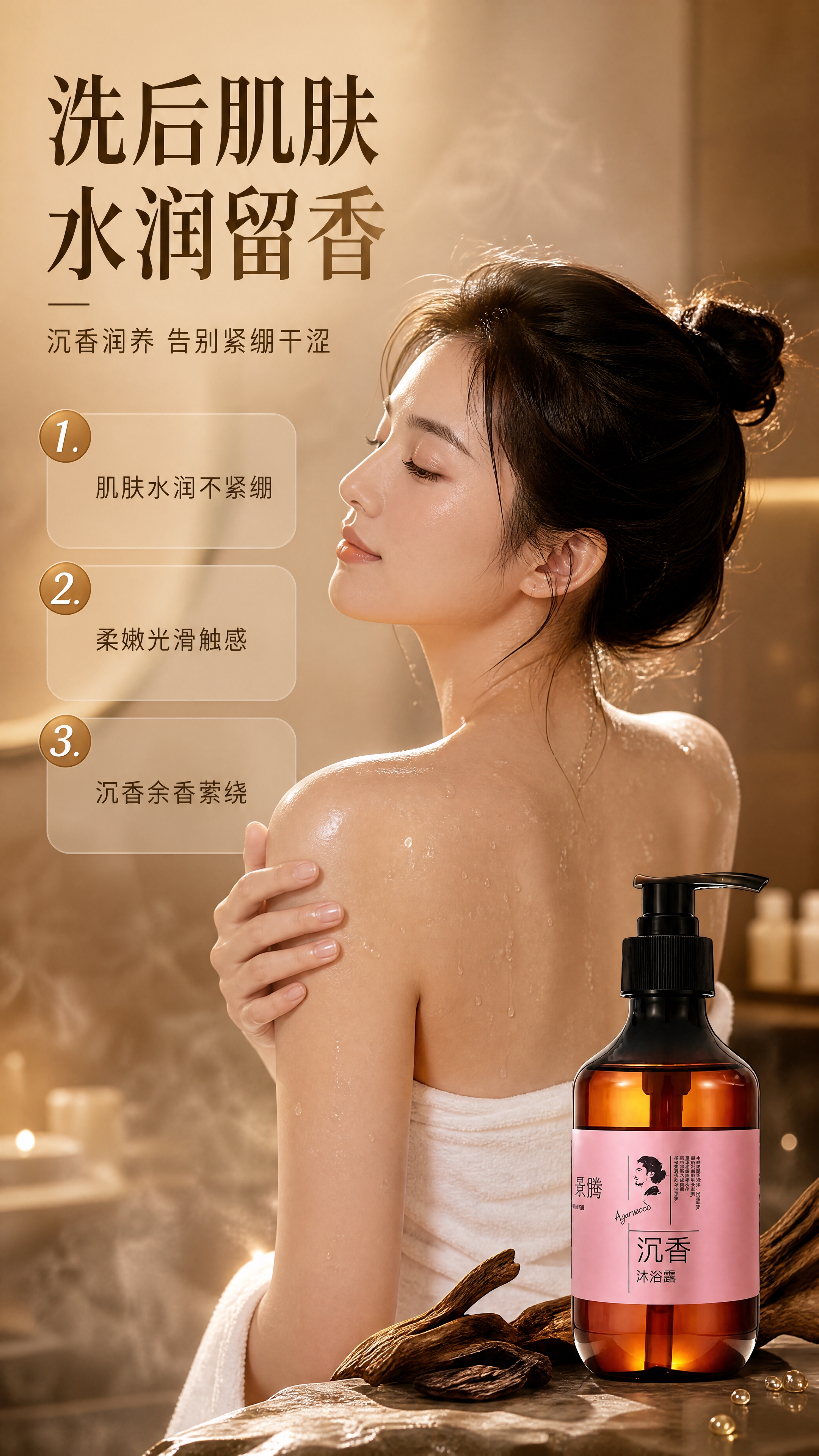 [商品] 使用【图1】景腾沉香沐浴露；保留琥珀棕瓶身、黑色泵头… - 图片创意预览