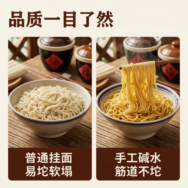 [主图 5 品质对比] 重庆碱水面对比展示主图，左侧是普通挂面，煮熟后软塌容易坨，颜色发白没有碱香；右侧是我们的手工碱水鲜面，煮熟后根根挺立颜色金黄，筋道不粘。通过对比凸显碱水面的品质优势。背景是原木预览效果